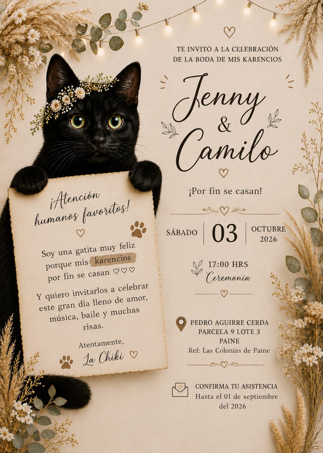 Invitación ilustrada de la boda de Jenny y Camilo: una gatita negra con corona de flores sostiene un pergamino dorado con la invitación, rodeada de flores secas, eucalipto y luces. Sábado 3 de octubre de 2026, ceremonia a las 17:00 hrs, en Pedro Aguirre Cerda parcela 9 lote 3, Las Colonias de Paine. Confirma tu asistencia hasta el 1 de septiembre de 2026.